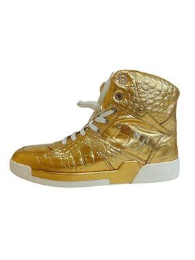 Chanel High Cut Sneakers Croco Embossed Leather Gold
